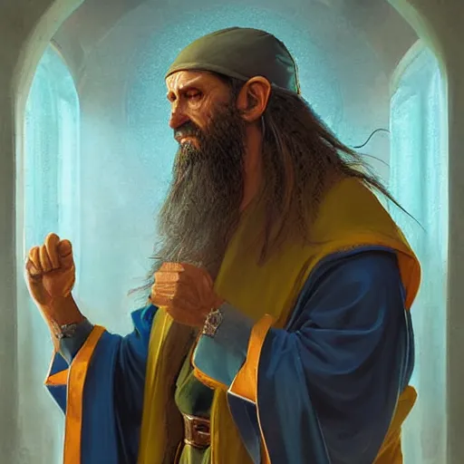 Image similar to Portrait of a middle aged elf, long beard, blue robes with clock iconography, olive skin and a raised fist, detailed face, cinematic lighting, highly detailed, digital art painting by greg rutkowski