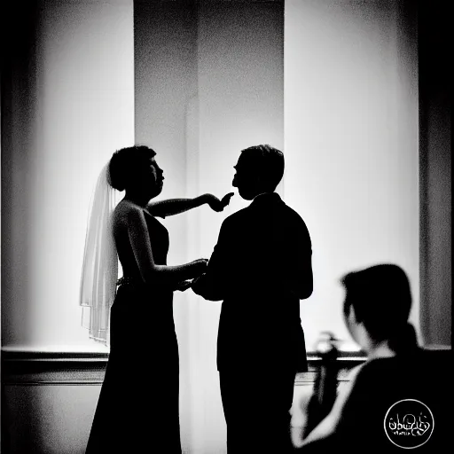 Image similar to cadmus and harmony get married with a small intimate audience at marylebone town hall and david bailey takes the photos, black and white, ilford ilfocolour 400, tlr rolleiflex T, octane render, 4k, realistic