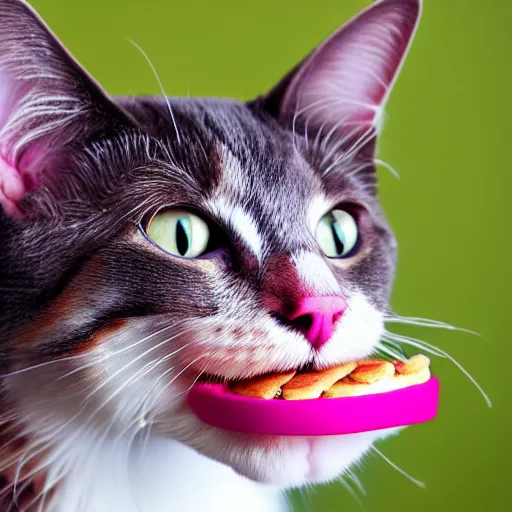 Image similar to photo of a pink cat, with a hamburger inside of it's mouth