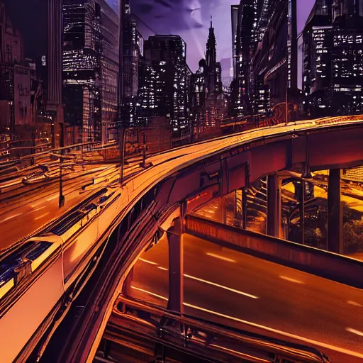 Image similar to futuristic train drives on bridge over busy street full of cars in nyc at night, still photo, cinematic lighting