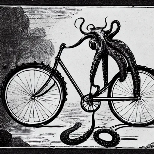 Prompt: an octopus riding a victorian bicycle