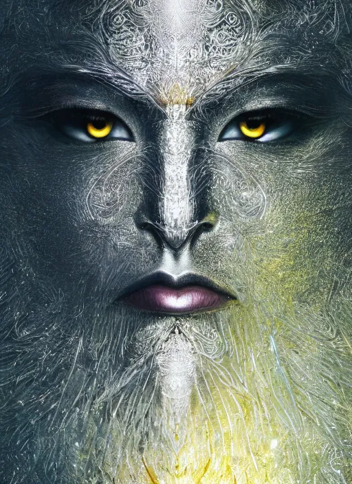 Image similar to glowing silver and golden elements, full close-up portrait, crow portrait from shutterstock, book cover, green forest, white moon, red lips, establishing shot, extremly high detail, photo-realistic, cinematic lighting, pen and ink, intricate line drawings, by Yoshitaka Amano, Ruan Jia, Kentaro Miura, Artgerm, post processed, concept art, artstation, matte painting, style by eddie mendoza, raphael lacoste, alex ross