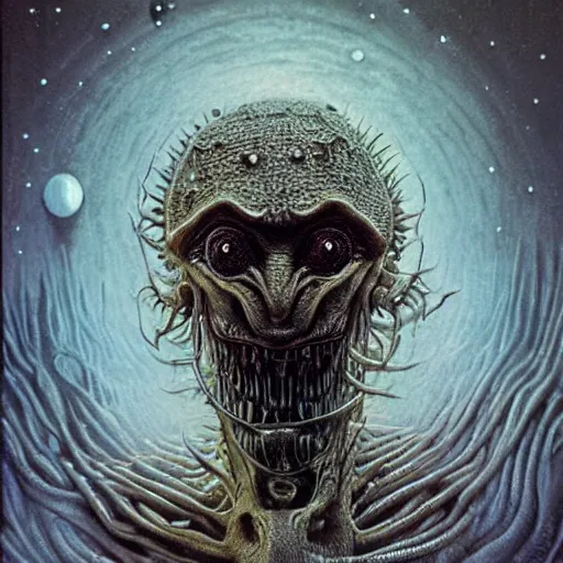 Image similar to space alien, slimy, glossy, sharp teeth, by h. r. giger, beksinski, nightmare fuel, nightmarish, intricate, highly detailed, optical illusion, stranger things demogorgon, cave lighting, flickering