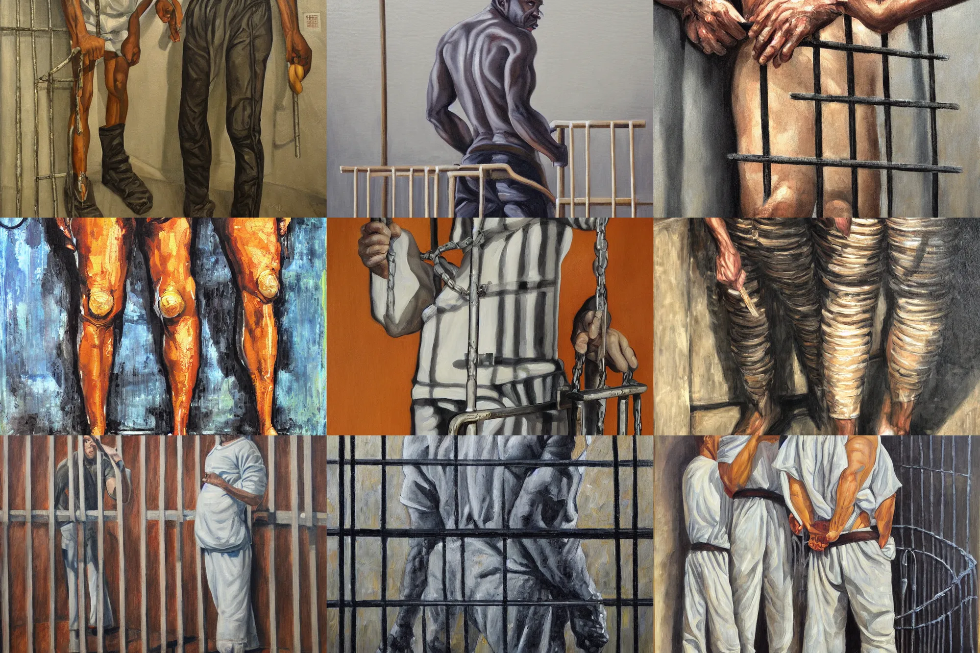 Prompt: full length painting of a prisoner holding prison bars, highly detailed, high resolution, oil in canvas