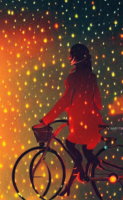 Image similar to a beautiful illustration of a woman riding a bicycle in a rainy night, fiery particles, anime aesthetic, midnight theme, depth of field, bokeh, composition study, featured on artstation, by ilya kuvshinov, vertical orientation