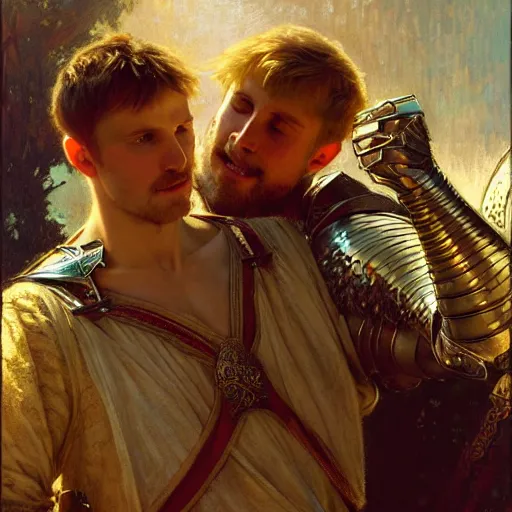 Image similar to attractive arthur pendragon and his attractive male knight, they are in love, natural lighting, path traced, highly detailed, high quality, digital painting, by gaston bussiere, craig mullins, alphonse mucha j. c. leyendecker