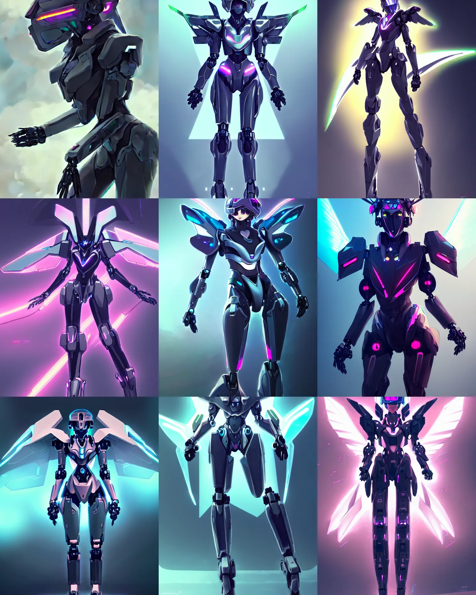 Prompt: uncropped stealthy Feminine mecha (with futuristic jet armor and wings) with a heart visor helmet, symphogear, full body character portrait, neon hologram armor, hi-tech, trending on Artstation, digital painting, concept art, sharp focus, illustration, art by WLOP and Greg Rutkowski