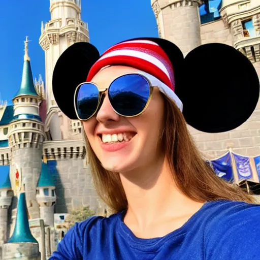 Prompt: selfie of a 20 yo american woman wearing sunglasses and a hat in front of the disney world castle