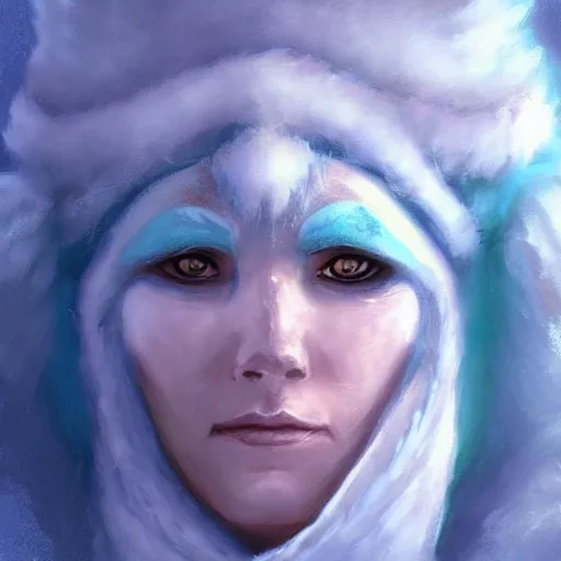Prompt: “ fantasy snow bandit ‘ icewind dale ’ with ice blue mask, ice gem, ‘ icewind dale 2 ’ profile portrait by ‘ justin sweet ’, soft focus, illustrated, oil paint, artstation ”