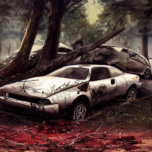Image similar to a car destroyed by a tree, artstation, digital art, high quality, realistic