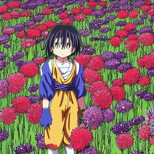 Prompt: A scene from an anime with characters in a field of flowers, close up, details, sharp focus, beautiful, intricate, digital illustration, by Akira Toriyama