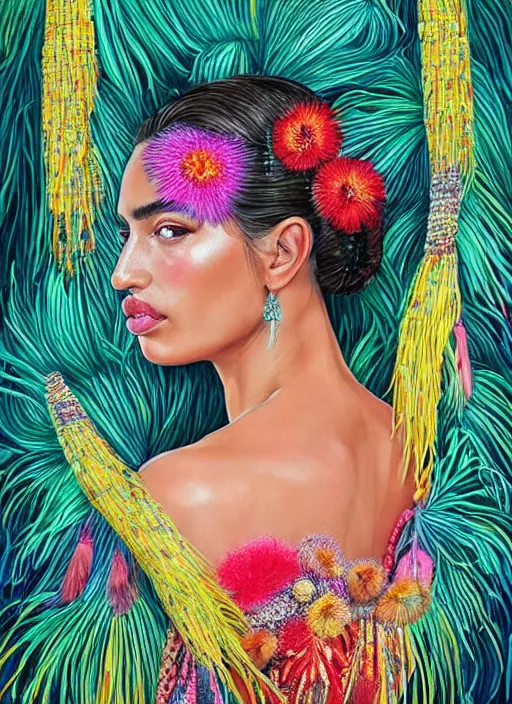 Image similar to beautiful portrait of Irina Shayk wearing fantastic Hand-dyed cotton dress,embellished beaded feather decorative fringe knots ,colorful pigtail,playful makeup,subtropical flowers and plants,symmetrical face,intricate,elegant,highly detailed,8k,digital painting,trending on pinterest,harper's bazaar,concept art, sharp focus, illustration,golden ratio,by artgerm,Tom Bagshaw,Lawrence Alma-Tadema,greg rutkowski