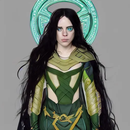 Image similar to Billie Eilish as Female Loki, very detailed, digital art, trending on artstation, concept art, smooth, illustration, art by artgerm and greg rutkowski and alphonse mucha and J. C. Leyendecker and Edmund Blair Leighton and Katsuhiro Otomo and Geof Darrow and Phil hale and Ashley wood