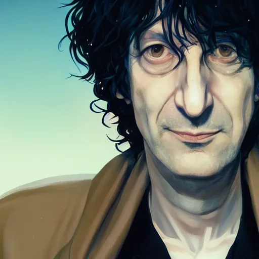 Prompt: closeup portrait of Neil Gaiman as The Sandman, pale skin, long black leather jacket, unruly hair, ambient lighting, 4k, anime key visual, lois van baarle, ilya kuvshinov, rossdraws, artstation