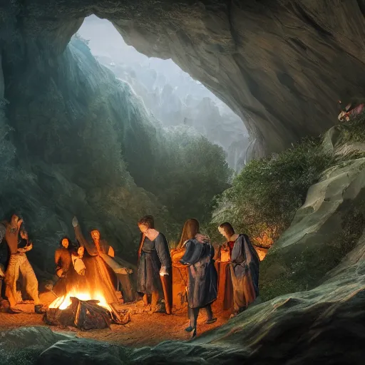 Image similar to medieval people dancing in a cave around a campfire, many minerals and crystals growing out of the ground, matte painting, 4k, very detailed, unreal 5