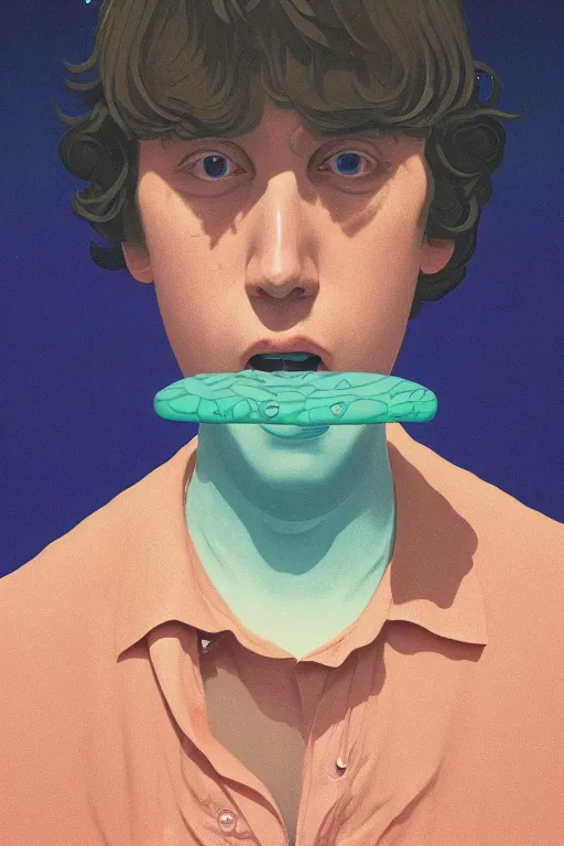 Image similar to a scifi closeup portrait of a young british man licking a blotter paper of LSD acid on his tongue and dreaming psychedelic hallucinations in cosmos, by kawase hasui, moebius, Edward Hopper and James Gilleard, Zdzislaw Beksinski, Steven Outram colorful flat surreal design, hd, 8k, artstation