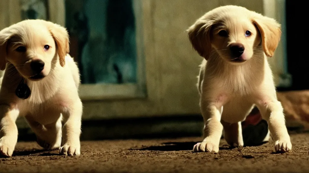 Image similar to a very nice puppy, with a long long long tail, film still from the movie directed by denis villeneuve and david cronenberg with art direction by salvador dali and dr. seuss