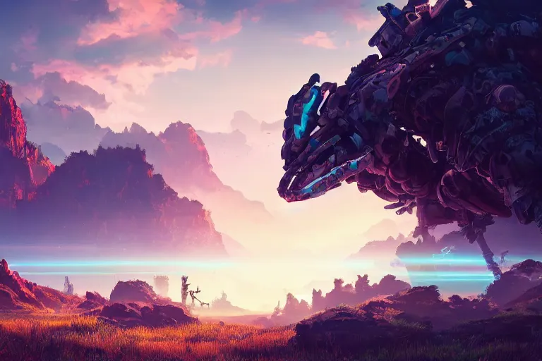 Image similar to watcher machine creature robot of horizon forbidden west horizon zero dawn radiating a glowing aura global illumination ray tracing hdr fanart arstation by ian pesty and alena aenami artworks in 4 k