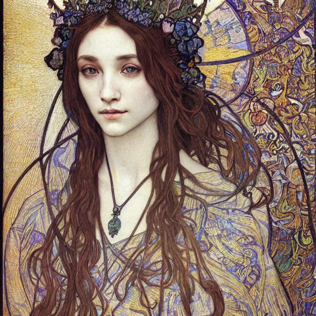 Image similar to detailed realistic beautiful young medieval queen face portrait by jean delville, alphonse mucha, vincent van gogh, and marco mazzoni, art nouveau, symbolist, visionary, gothic, pre - raphaelite