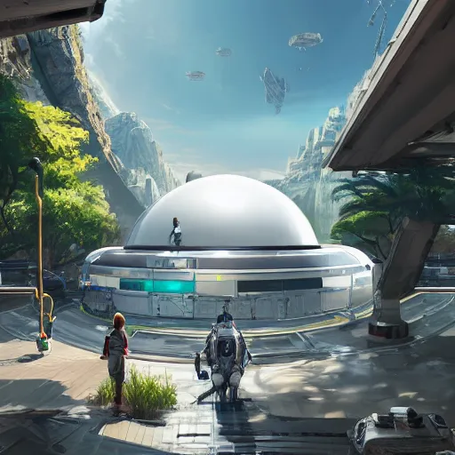 Image similar to clean white sci-fi dome in a pleasant urban setting surrounded by families, peaceful, majestic, in style of apex legends, art station, ultra hd, soft light, overhead sun, ultra hd, art station