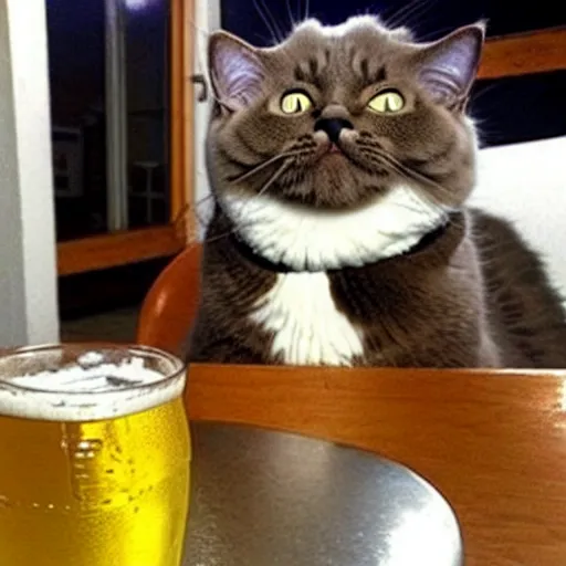 Prompt: Moron cat drinking a beer with his pals