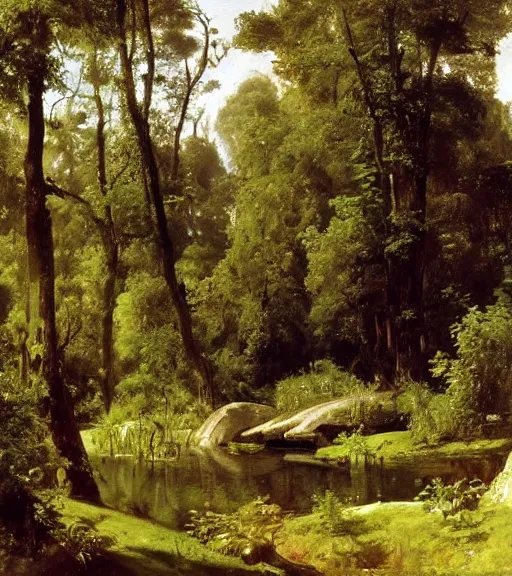 Image similar to artwork painting of a lush environment by eugene von guerard, ivan shishkin, john singer sargent