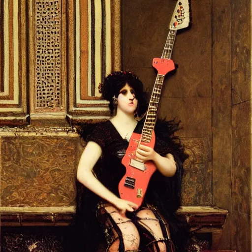 Prompt: Goth girl playing electric guitar by Mario Testino, oil painting by Lawrence Alma-Tadema, masterpiece