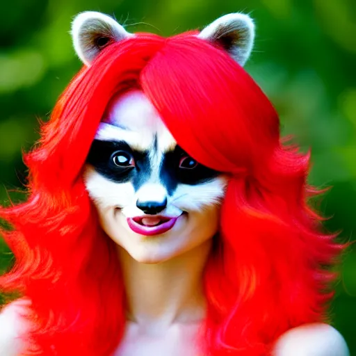 Image similar to raccoon wearing bright red wig, photo, detailed, 4 k