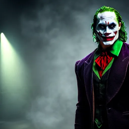 Image similar to the rock as the joker, movie still, d & d, fantasy, volumetric lighting, smooth lines, accurate, detailed