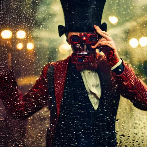 Image similar to cinestill 5 0 d candid photographic portrait by david cronenberg of baroque steampunk cyborg gentleman wearing a red edwardian suit and top hat, floral growths, modern cyberpunk moody emotional cinematic, closeup, pouring rain menacing lights shadows, 8 k, hd, high resolution, 3 5 mm, f / 3 2, ultra realistic faces, ex machina