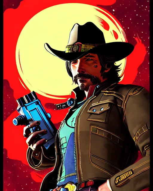 Image similar to mccree from overwatch, cyber space cowboy, character portrait, portrait, close up, concept art, intricate details, highly detailed, vintage sci - fi poster, retro future, vintage sci - fi art, in the style of chris foss, rodger dean, moebius, michael whelan, and gustave dore