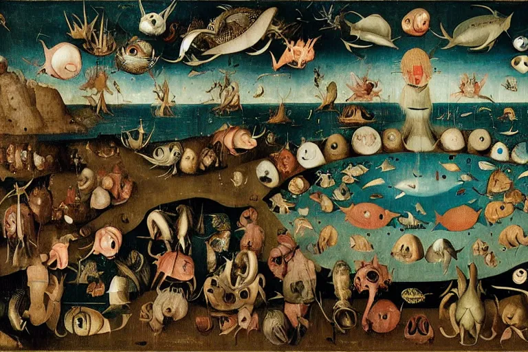 Prompt: a deep lake filled with fish people, dolphins, flippers hybrid half man half fish, lizards, toads, jumping flying and eating frogs, by hieronymus bosch