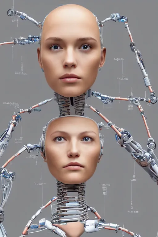 Image similar to robot with human face, female head, full body angle, woman human face, human face realistic, beautiful blonde hair, human head, human head with blonde hair, blonde hair human head, blonde hair, human realistic face, human head skin, cyborg frame concept, cyborg by ales-kotnik, sci-fi android female, the body is made of wires, robotic body, cyborg body, cyborg bust body, robot body cyborg, full body