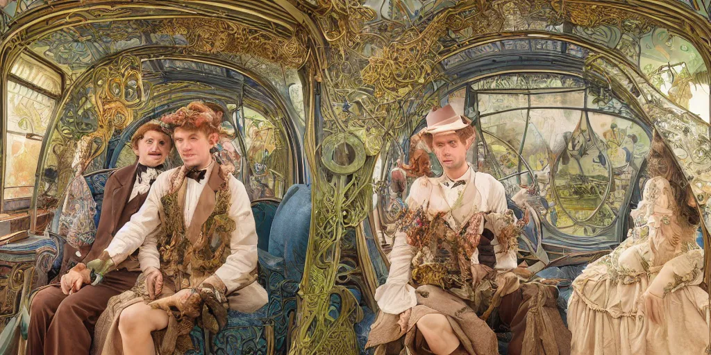 Image similar to incredibly beautiful breathtakingly detailed colour art nouveau photograph group portrait of an amazingly cool odd characterful couple sat down, in the inside of the beautiful underwater train to atlantis, every face amazingly clear detailed with lifelike expressions, full of crowd of people sat down wearing unusual clothes, by william powell frith and mucha, ultra wide angle, 4 k