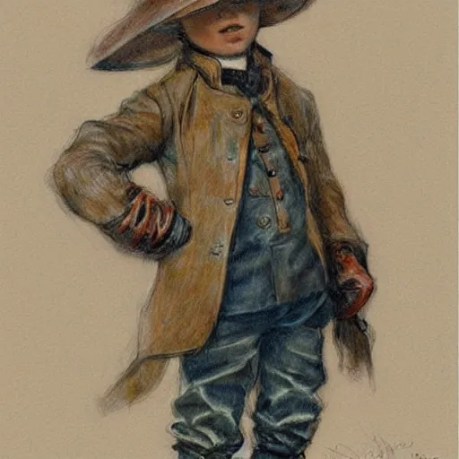 Image similar to ((color sketch)) by Jean-Baptiste Monge !!!!!!!!!!!!!!!!!!!!!!!!!!!!!!!!!!!!! (((((((((((((portrait of boy dressed as steampunk detective wearing leather gloves . muted colors.)))))))))))))