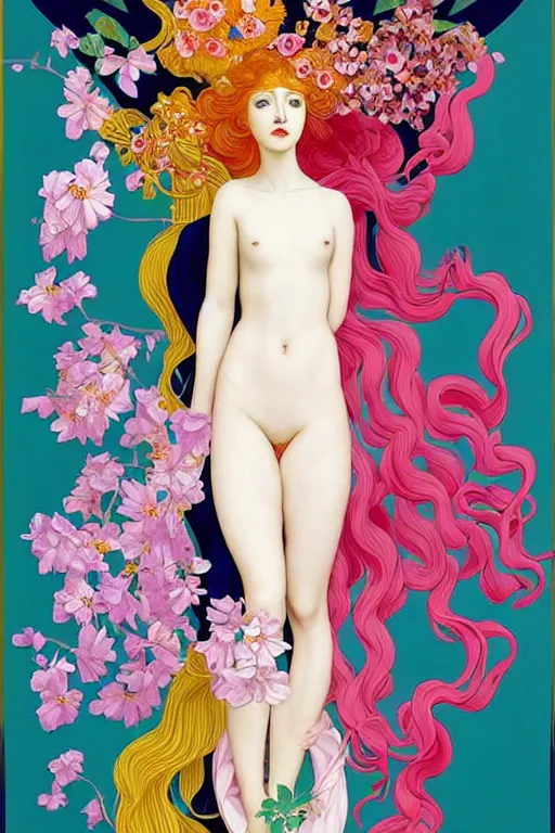 Image similar to 3 Spring Muses symbolically representing March, April, and May, in a style blending Æon Flux, Peter Chung, Shepard Fairey, Botticelli, Ivan Bolivian, and John Singer Sargent, inspired by pre-raphaelite paintings, shoujo manga, and cool Japanese street fashion, dramatically blossoming flora and fauna, petals falling everywhere, pastel vivid triad colors, hyper detailed, super fine inking lines, ethereal and otherworldly, 4K extremely photorealistic, Arnold render