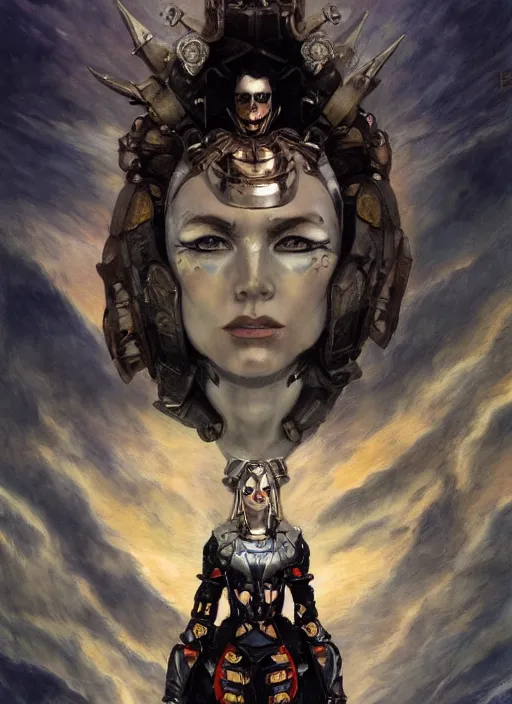 Prompt: dynamic over the shoulder pose! symmetry! closeup portrait of a biblical diabolical pirate hunter girl, stylish cyborg armor, in clouds, strong studio lights, thunder, rain! storm, sunset, by gerald brom, by mikhail vrubel, by peter elson, high contrast, muted colors, extreme detail, mirrors, trending on artstation, 8 k