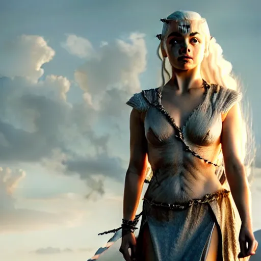 Image similar to mila kunis as daenerys targaryen, golden hour, cinematic