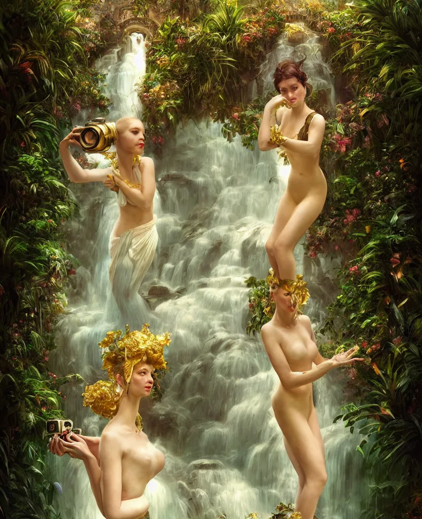 Image similar to hyper realistic photographer looking through a vintage medium format camera, magic pouring from lens, fantasy castle, full body waterfall dress, design on white background, beautiful details, lush foliage cyberpunk, gold, drawn by john singer sargent, tom bagshaw, norman rockwell, alphonso mucha, lolish, trending on artstation