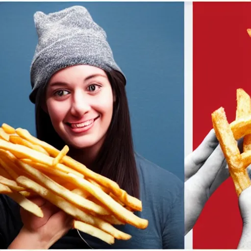 Prompt: comically large french fry next to person