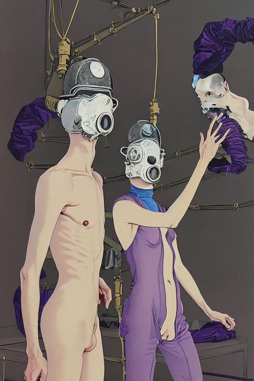 Image similar to a surreal frances bacon and takato yamamoto painting of two skinny figures, fleshy, wearing ornate gas masks and clothed in purple and blue, inside a grand dystopian room with fires raging and medical equipment, full view, concept art, horror art, extremely high details, hyper realistic high quality adrian ghenie and edward hopper