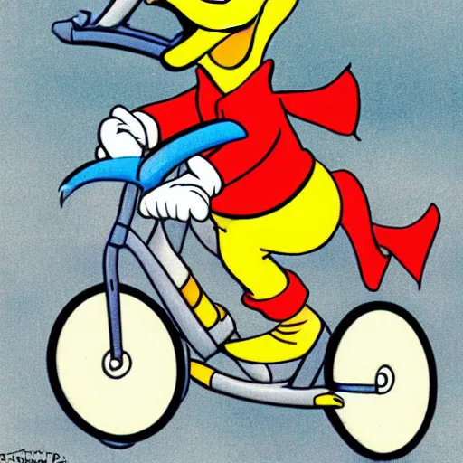 Image similar to donald duck riding a bike, in style of don rosa