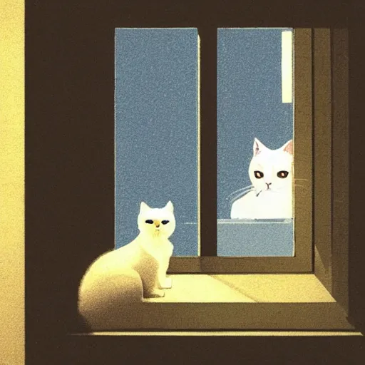 Image similar to A beautiful photo of a white cat looking out of the window at night , by Victo Ngai,It has blue eyes , Photography , Long-range shots