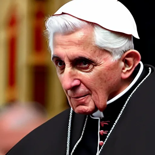 Image similar to pope benedict wearing sith cloak as chancelor palpatine in star wars episode 3, 8 k resolution, cinematic lighting, anatomically correct