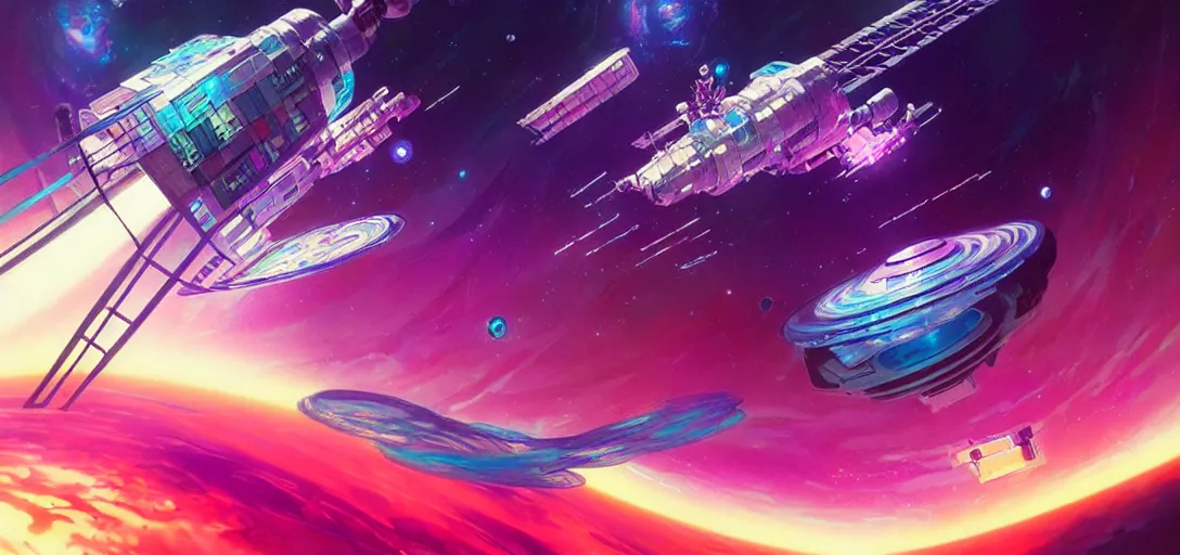 Image similar to a floating space station, channeling swirling energy, wearing netrunner clothing, vaporwave aesthetic, colorful, psychedelic, digital painting, artstation, concept art, smooth, sharp focus, illustration, art by artgerm and greg rutkowski and alphonse mucha