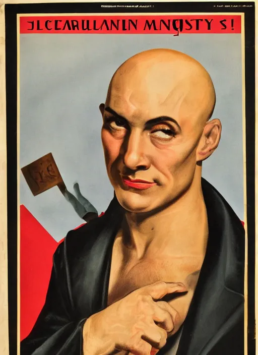 Prompt: portrait of glamorous bald medieval man with annoyed gesture, 1940s propaganda poster, full hd,highly detailed