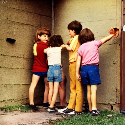 Prompt: little kids searching for the key. photo from the 7 0 s. hd, 8 k
