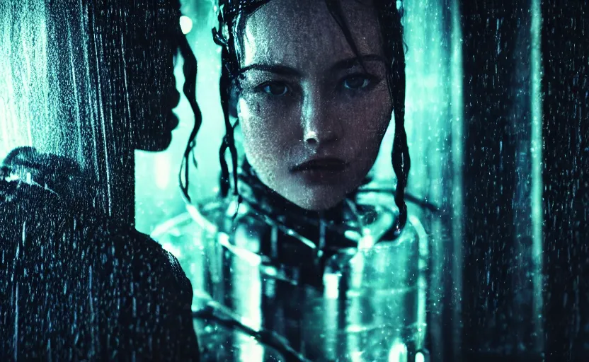 Image similar to cinestill 5 0 d candid action photographic portrait by christopher nolan of two loving female androids wearing rugged black mesh techwear in treacherous waters, extreme closeup, modern cyberpunk retrofuturism moody emotional cinematic, pouring iridescent rain, 8 k, hd, high resolution, 3 5 mm, f / 3 2, motion blur, ultra realistic faces, ex machina