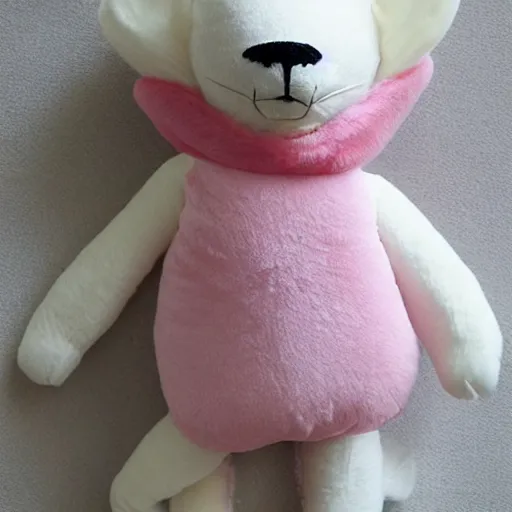 Image similar to a creepy white - and - pink coati plushie made with rough fabric and wearing a shirt