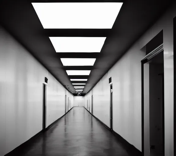 Image similar to spooky photo of an infinite hallway with open lit doorways all the way down, dramatic lighting, smoke, ceiling fluorescent lighting